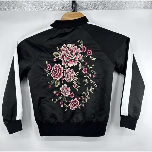 Forever 21 Satin Bomber Jacket Womans SCrane Birds Embroidered Full Zip Pockets - Picture 2 of 12